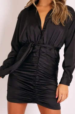 Rebellious Fashion Black Satin Shirt Ruched Belted Bodycon Dress - Aneliese