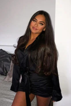Rebellious Fashion Black Satin Shirt Ruched Belted Bodycon Dress - Aneliese