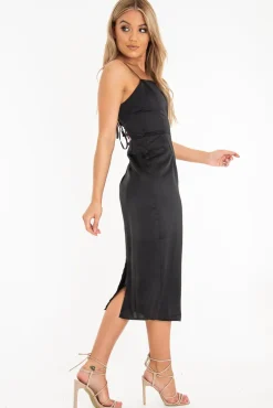 Rebellious Fashion Black Satin Straight Neck Tie Up Midi Dress - Irina