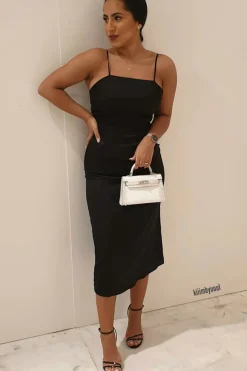 Rebellious Fashion Black Satin Straight Neck Tie Up Midi Dress - Irina