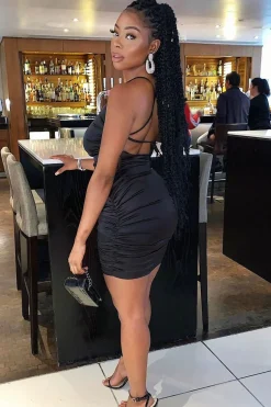 Rebellious Fashion Black Satin Strappy Cross Back Ruched Dress - Catarina