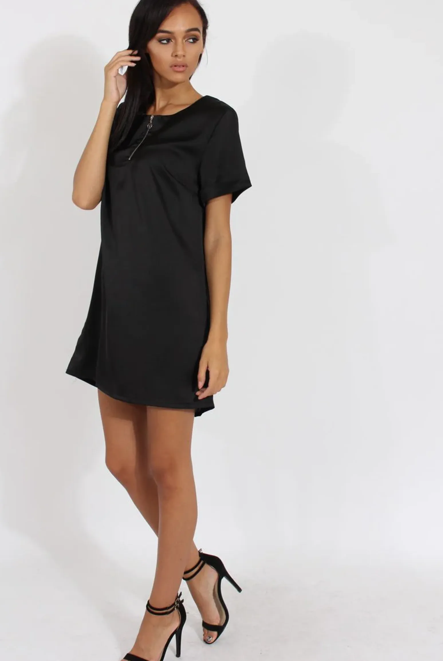 Rebellious Fashion Black Satin Zip Tee Dress - Valeria