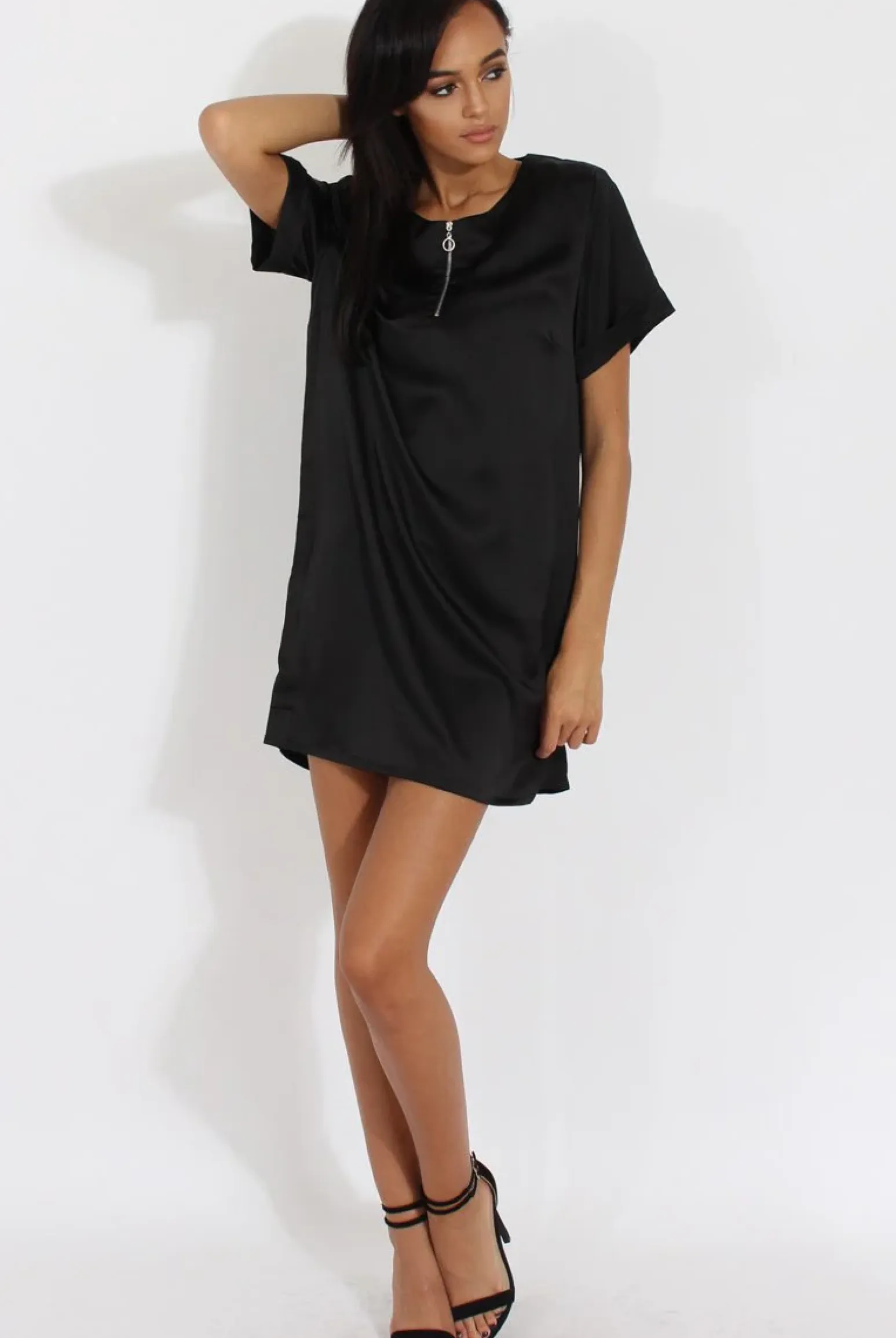 Rebellious Fashion Black Satin Zip Tee Dress - Valeria