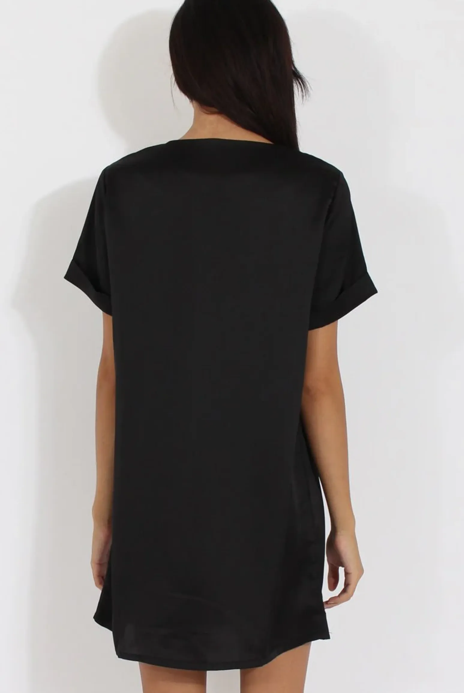 Rebellious Fashion Black Satin Zip Tee Dress - Valeria