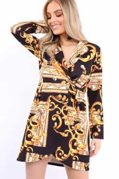 Rebellious Fashion Black Scarf Print Button Detail Blazer Dress - Hannah