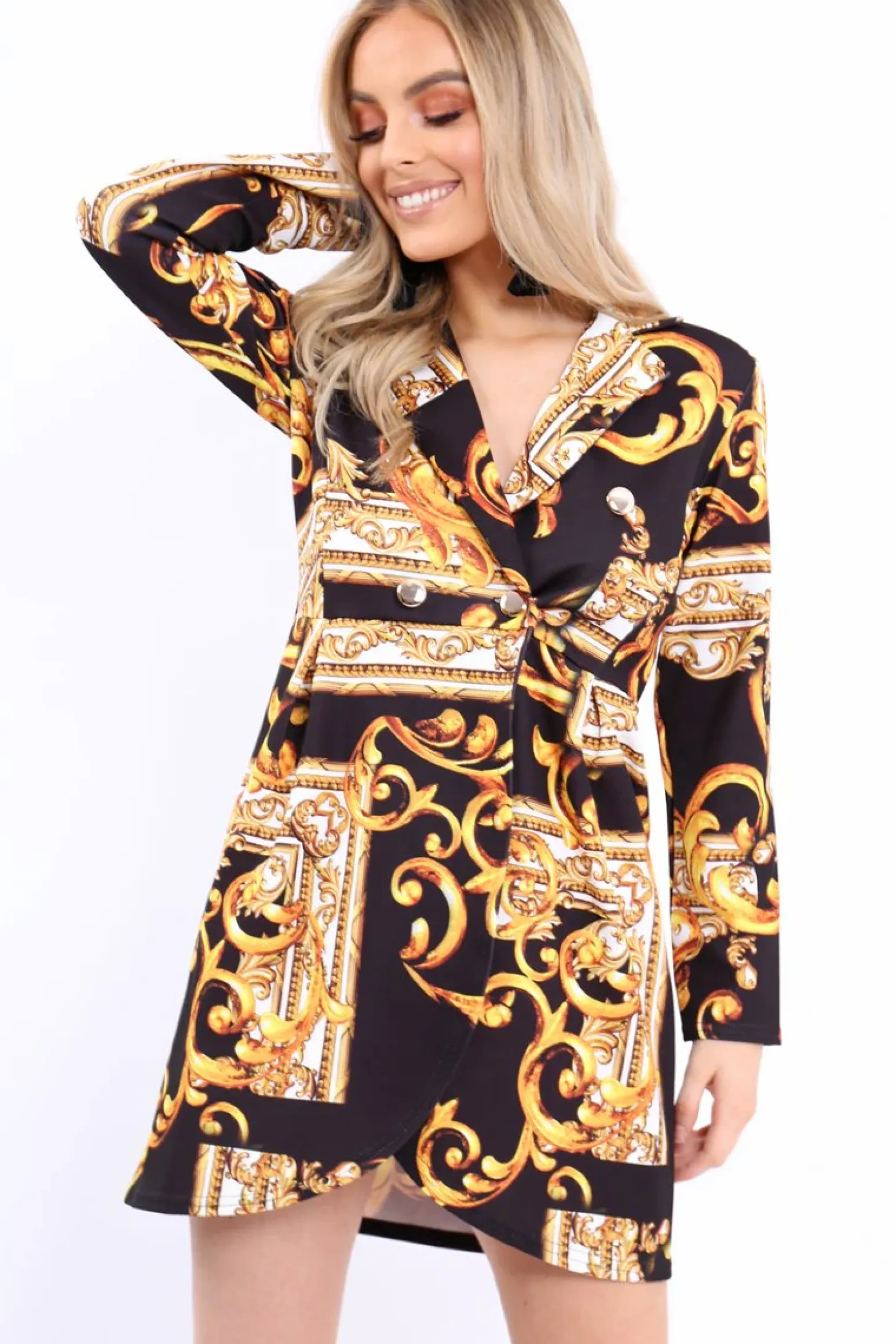 Rebellious Fashion Black Scarf Print Button Detail Blazer Dress - Hannah