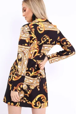 Rebellious Fashion Black Scarf Print Button Detail Blazer Dress - Hannah