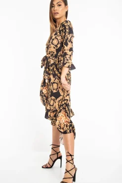 Rebellious Fashion Black Scarf Print Wrap Jersey Dress - Mysha
