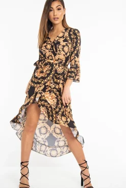 Rebellious Fashion Black Scarf Print Wrap Jersey Dress - Mysha