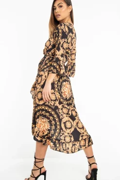Rebellious Fashion Black Scarf Print Wrap Jersey Dress - Mysha