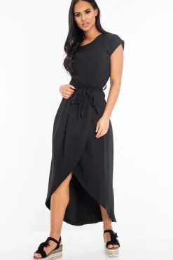 Rebellious Fashion Black Scoop Neck Belted Wrap Maxi Dress - Allie