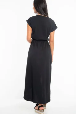 Rebellious Fashion Black Scoop Neck Belted Wrap Maxi Dress - Allie