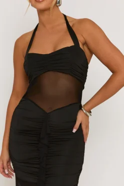 Rebellious Fashion Black Semi Sheer Ruffle Front Mesh Maxi Dress - Arisha