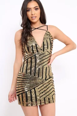 Rebellious Fashion Black Sequin Cross Strap Mini Dress - Krystal