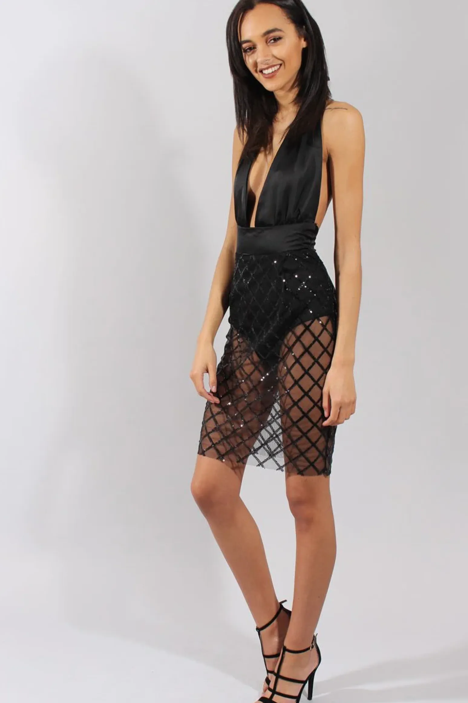 Rebellious Fashion Black Sequin Diamond Plunge Halter Tie Dress - Misti