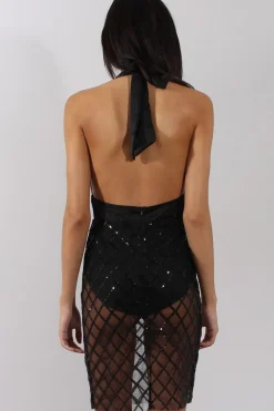 Rebellious Fashion Black Sequin Diamond Plunge Halter Tie Dress - Misti