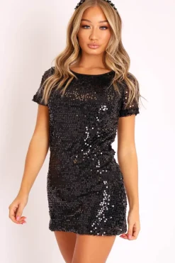 Rebellious Fashion Black Sequin Embellished T-shirt Dress - Coralea
