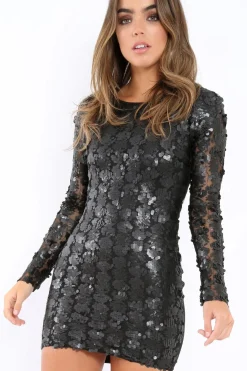 Rebellious Fashion Black Sequin Lace Up Back Mini Dress - Zelda