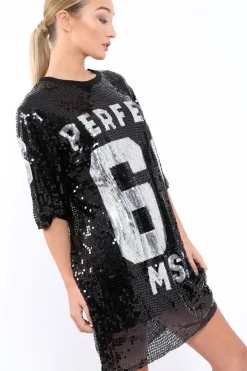 Rebellious Fashion Black Sequin Miss Perfect 61 Tshirt Dress - Ysabelle