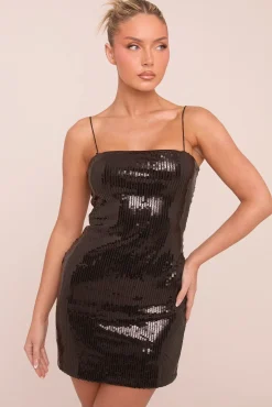 Rebellious Fashion Black Sequin Shoulder Strap Mini Dress - Miliana