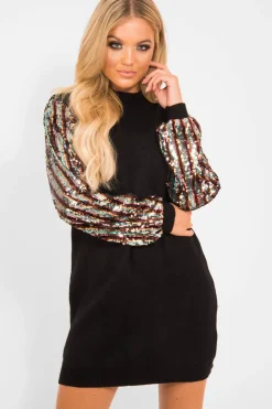 Rebellious Fashion Black Sequin Sleeve Jumper Dress - Moniece
