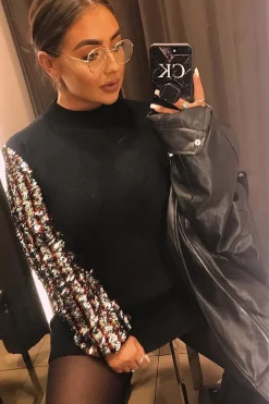 Rebellious Fashion Black Sequin Sleeve Jumper Dress - Moniece