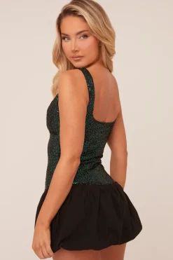 Rebellious Fashion Black Sequin Sleeveless Puffball Mini Dress - Sydney