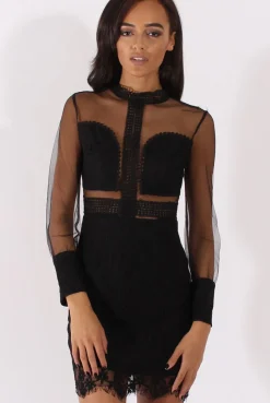 Rebellious Fashion Black Sheer Mesh Lace Detail Dress - Jaylee