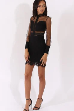 Rebellious Fashion Black Sheer Mesh Lace Detail Dress - Jaylee