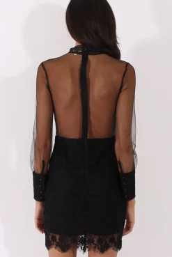 Rebellious Fashion Black Sheer Mesh Lace Detail Dress - Jaylee
