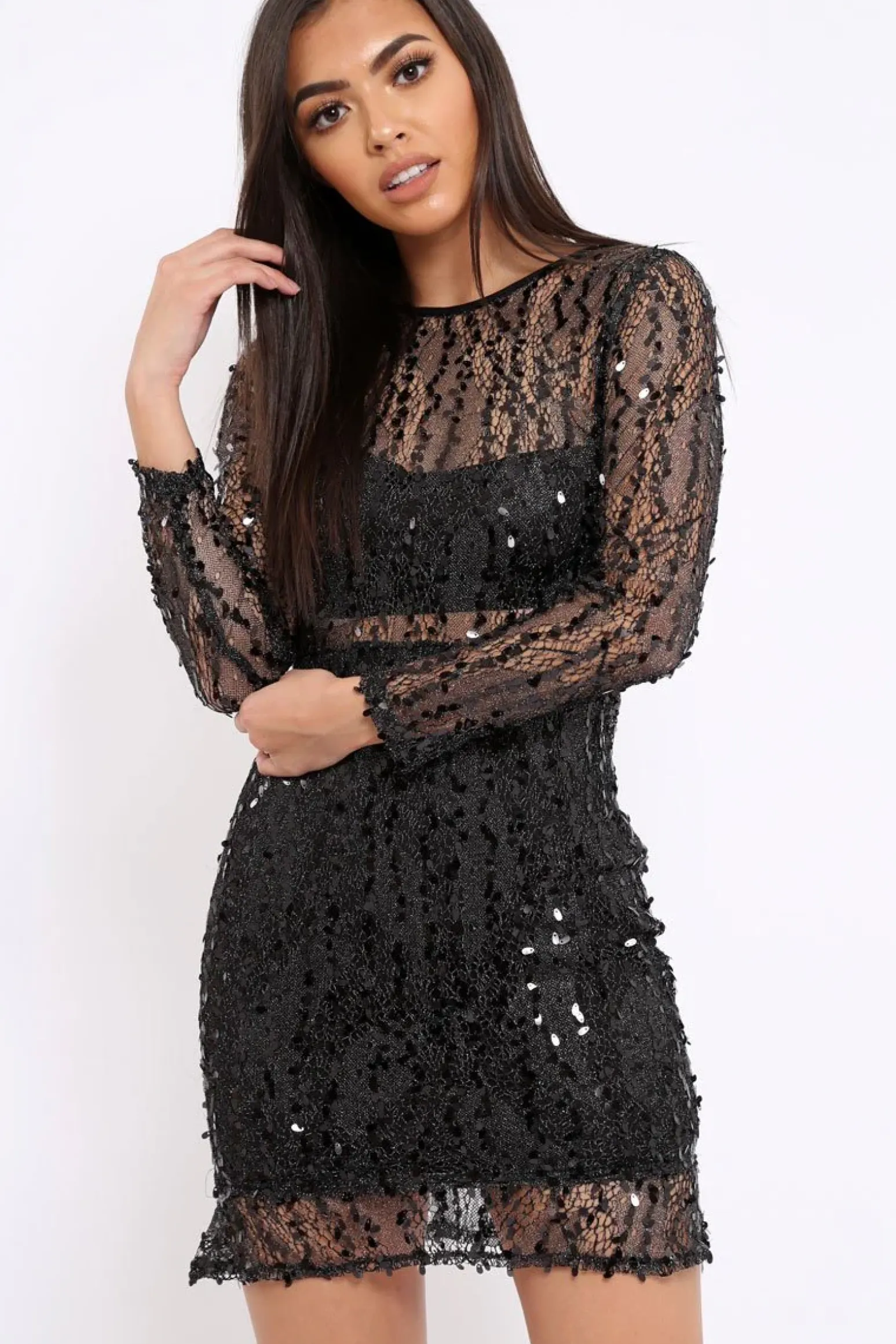 Rebellious Fashion Black Sheer Sequin Dress - Aaima