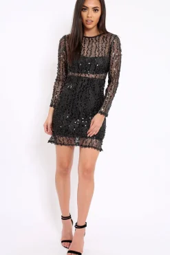 Rebellious Fashion Black Sheer Sequin Dress - Aaima