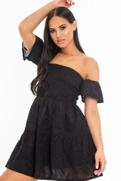 Rebellious Fashion Black Shirred Bardot Tiered Textured Mini Dress - Emma