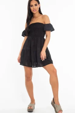 Rebellious Fashion Black Shirred Bardot Tiered Textured Mini Dress - Emma
