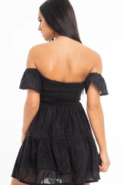 Rebellious Fashion Black Shirred Bardot Tiered Textured Mini Dress - Emma