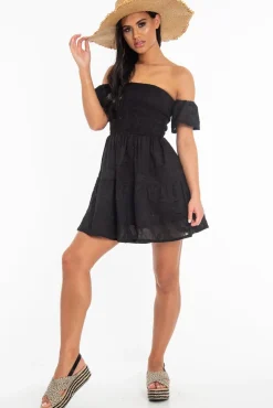 Rebellious Fashion Black Shirred Bardot Tiered Textured Mini Dress - Emma