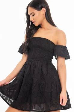 Rebellious Fashion Black Shirred Bardot Tiered Textured Mini Dress - Emma