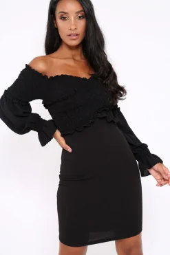 Rebellious Fashion Black Shirred Wrap Over Bardot Mini Dress - Natasha
