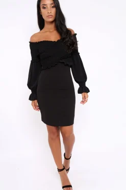 Rebellious Fashion Black Shirred Wrap Over Bardot Mini Dress - Natasha