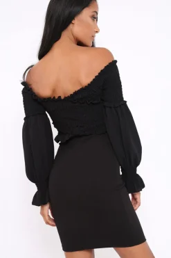 Rebellious Fashion Black Shirred Wrap Over Bardot Mini Dress - Natasha