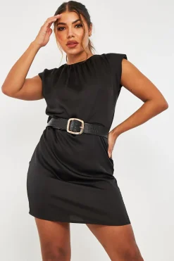 Rebellious Fashion Black Shoulder Pad Detail Satin Mini Dress - Delpha