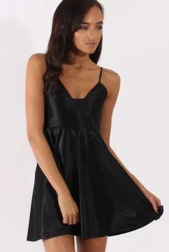 Rebellious Fashion Black Silky Skater Dress - Alena