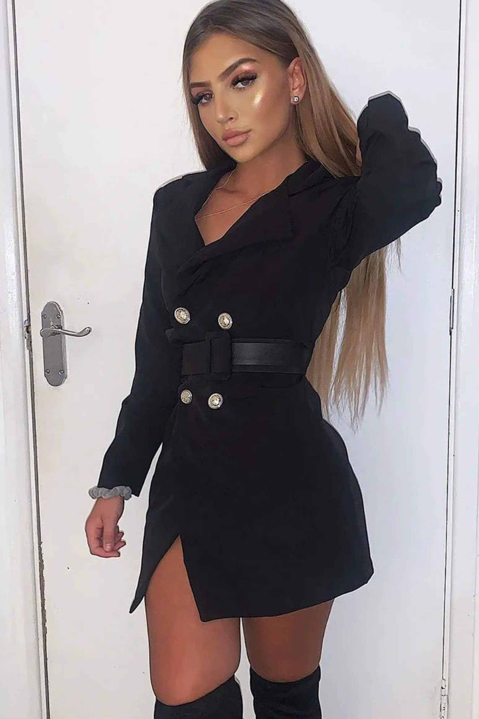 Rebellious Fashion Black Silver Button Belted Blazer Dress - Hattie