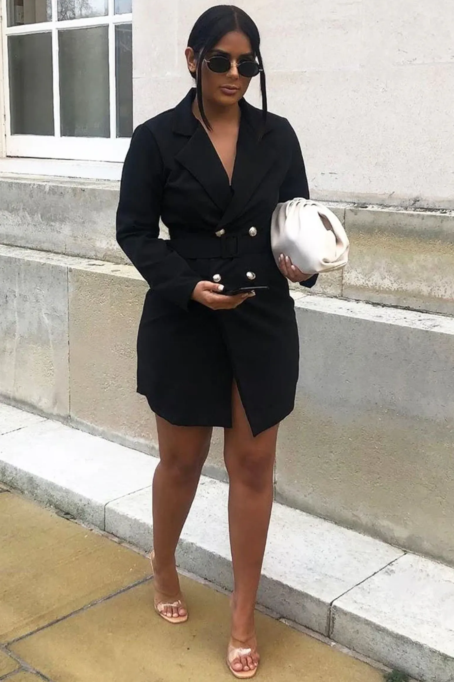 Rebellious Fashion Black Silver Button Belted Blazer Dress - Hattie
