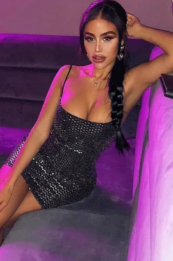 Rebellious Fashion Black Silver Sequin Cami Bodycon Dress - Makira