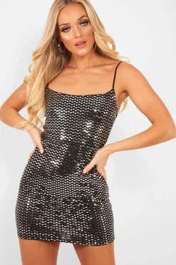 Rebellious Fashion Black Silver Sequin Cami Bodycon Dress - Makira