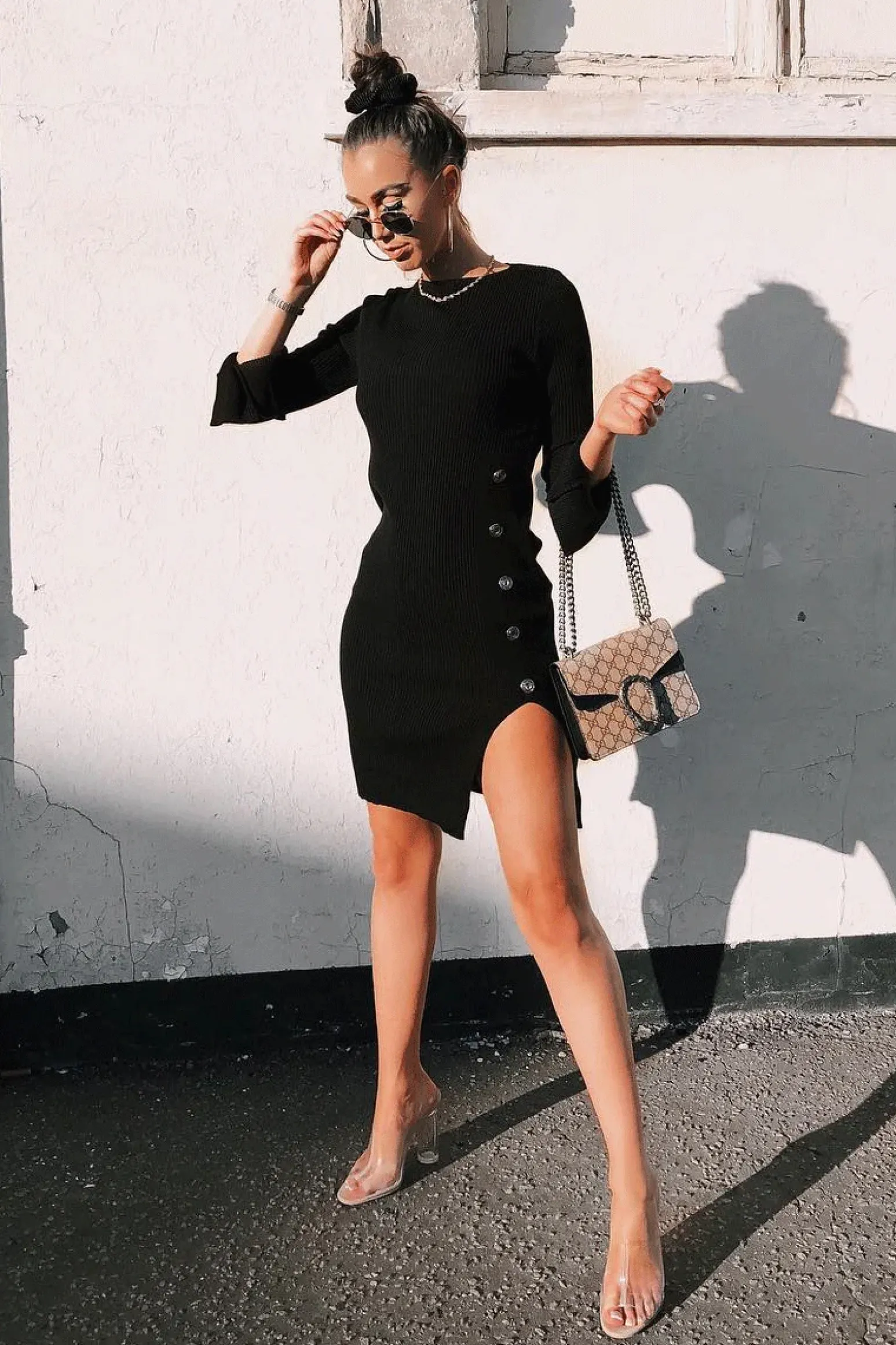 Rebellious Fashion Black Slash Neck Button Rib Knit Midi Dress - Haydee