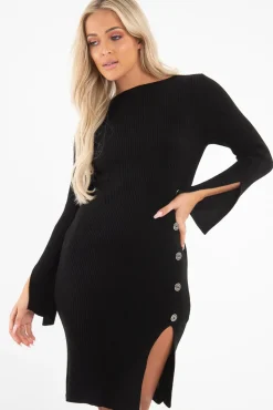 Rebellious Fashion Black Slash Neck Button Rib Knit Midi Dress - Haydee