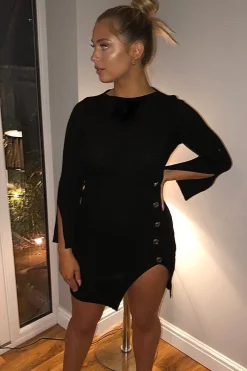 Rebellious Fashion Black Slash Neck Button Rib Knit Midi Dress - Haydee