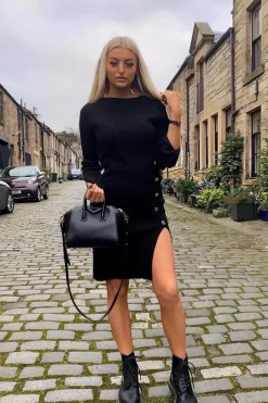 Rebellious Fashion Black Slash Neck Button Rib Knit Midi Dress - Haydee